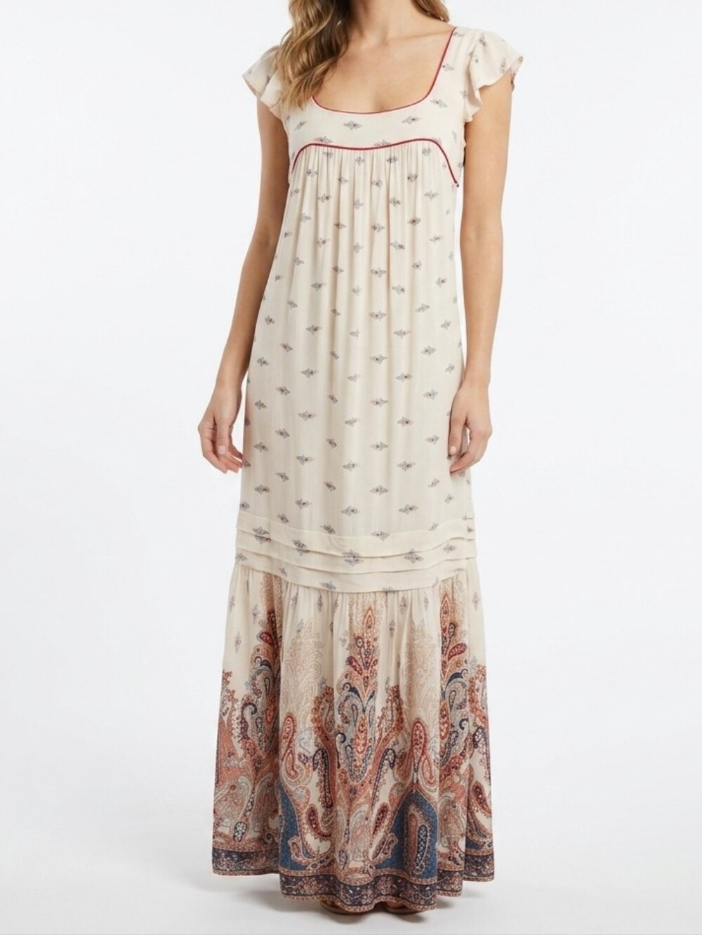 B.O.G. Collective Pink Paisley Print Empire Waist Tiered Maxi Dress Size XS